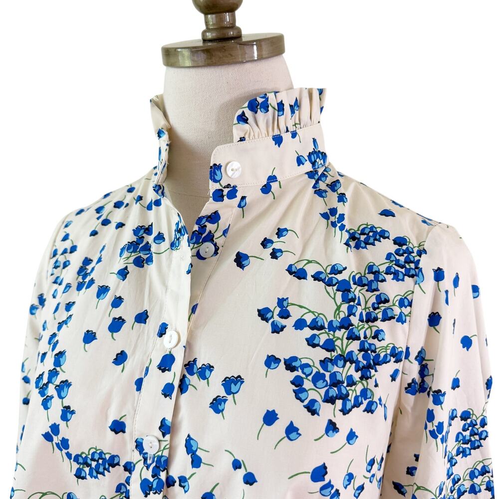 Tuckernuck Cream/Blue Floral Print Blouse Sz S 100% Cotton High Neck Long Sleeve - Picture 2 of 8